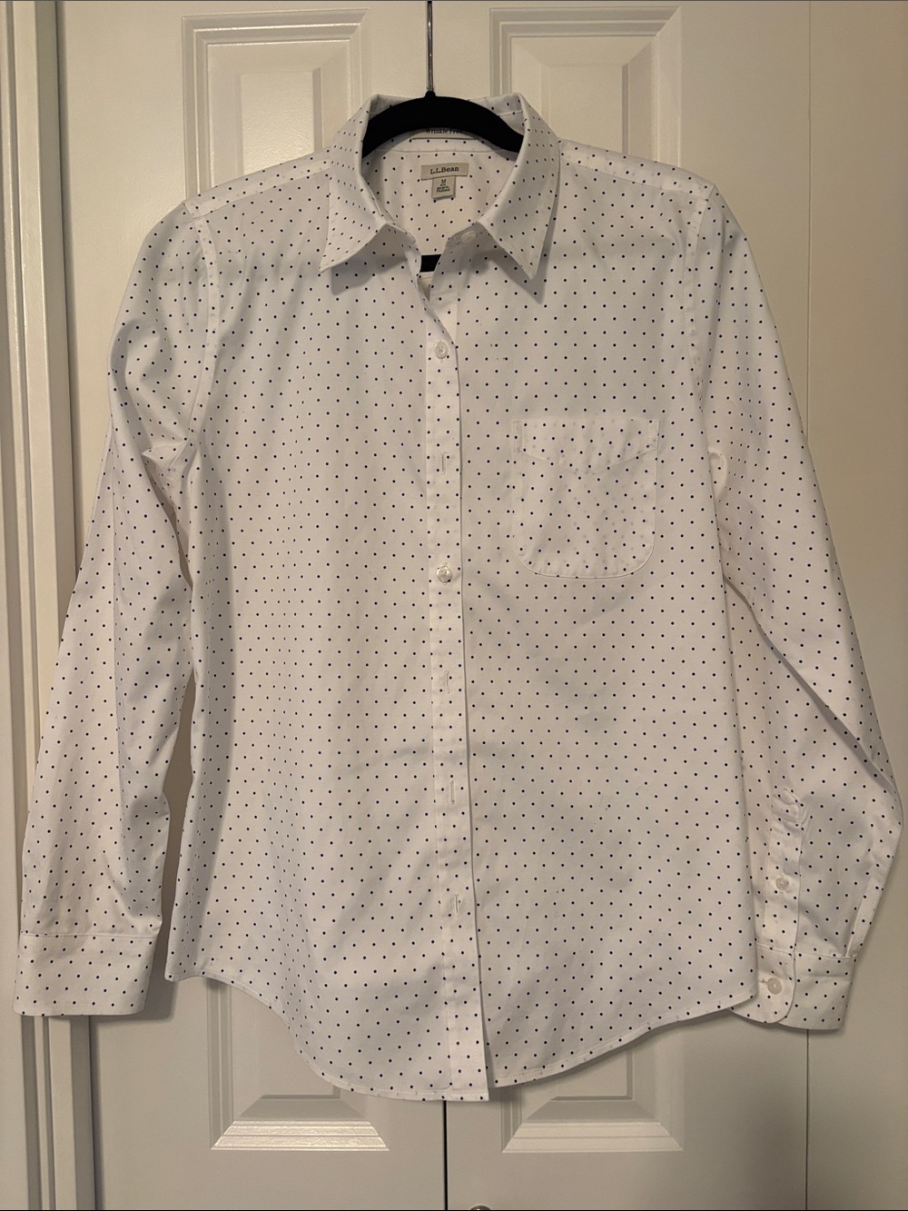 L.L. Bean White Long-Sleeve Button-Down Shirt with Navy Dot Pattern